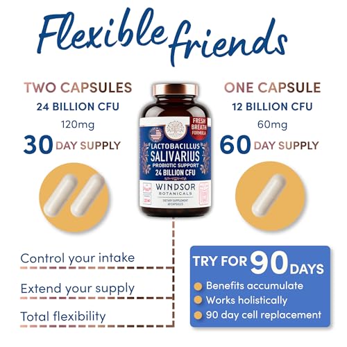 WINDSOR BOTANICALS Lactobacillus Salivarius Probiotic Capsules - L Salivarius Probiotic Oral Dental Probiotics for Bad Breath, Teeth and Gums Health and Immune Support - 24bn CFU, 2-Pack 120 Caps 60 Count (Pack of 2)