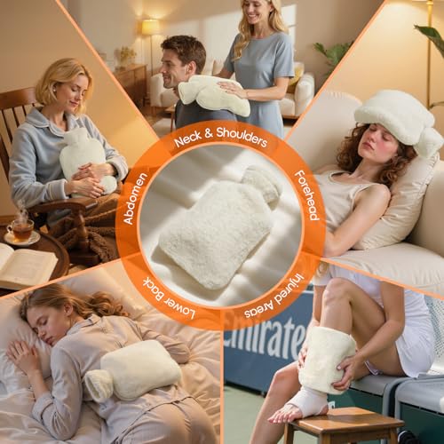 Dawdix 2L Natural Rubber Hot Water Bottle with Cover, Leakproof Design for Hot & Cold Compress, Ideal for Menstrual Cramps/Hand & Feet Warmer/Neck & Shoulder Pain Relief, Ultra-Soft Touch, Cream White