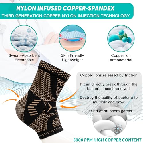 INDEEMAX Ankle Brace for Sprained Ankle Compression Sleeve, 2 Pack Copper Infused Ankle Support Brace for Women & Men, Plantar Fasciitis Relief Achilles Tendonitis, Sports Running, Copper Black, L Large