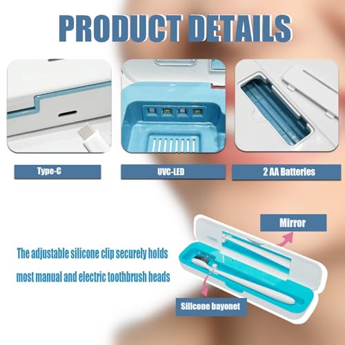 UV-C Toothbrush Case for Travel, Portable Toothbrush Case with Holder, USB-C or AA Battery Powered, Plastic Tooth Brush Container Cover for Household STB-062 Blue