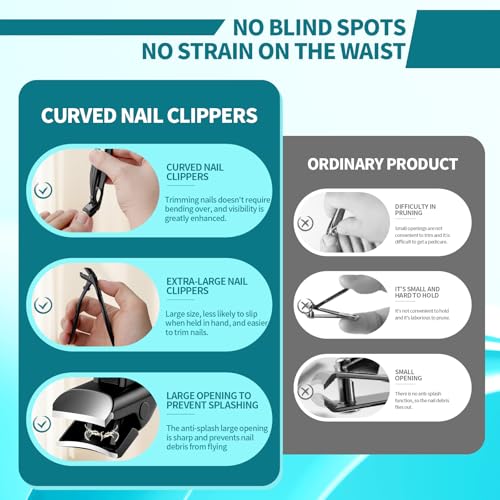 Upgraded ingrown toenail Clippers Set for Thick Nails for Seniors Ergonomic Angled Head and Heavy-Duty Long Handle for Thick Nails, Wide Jaw Nail Cutter with Catcher for Women and Men Curved handle set