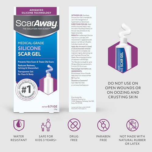 ScarAway Silicone Scar Gel, Helps Improve Size, Color & Texture of Hypertrophic & Keloid Scars from Injury, Burns & Surgery, Water Resistant, 10g (0.35 Oz) 10 Gram (Pack of 1)