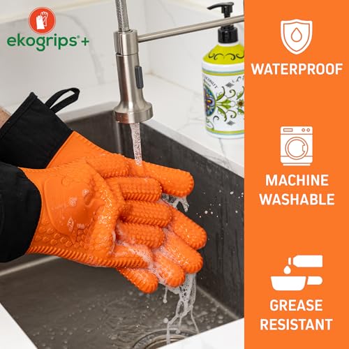 Ekogrips Plus Oven Gloves with Fingers, Comfy Waterproof Silicone Oven Mitts Heat Resistant with Long Cuff, Insulated BBQ Gloves Perfect for Grilling, Baking, Smoker, Canning, Pizza, Red, Hot Mitts OSFM