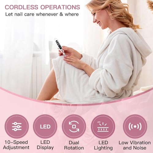 Electric Nail File Set, 9 in 1 Professional Manicure and Pedicure Kit, Cordless Nail Drill for Feet, LCD Display 10 Speeds Electric Nail Drill Machine, Hand Foot Care Tool 1 Pack