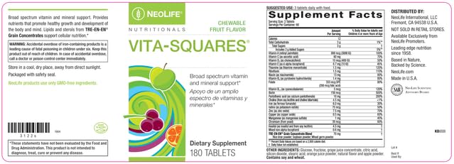 NeoLife Vita-Squares - Chewable Multivitamin for Kids, 18 Essential Vitamins & Minerals, Iron, Zinc, Vitamin D3, B-Complex, Vitamin for Kids MultiVitamin C & E, Berry-Citrus Flavor, 180 Tablets