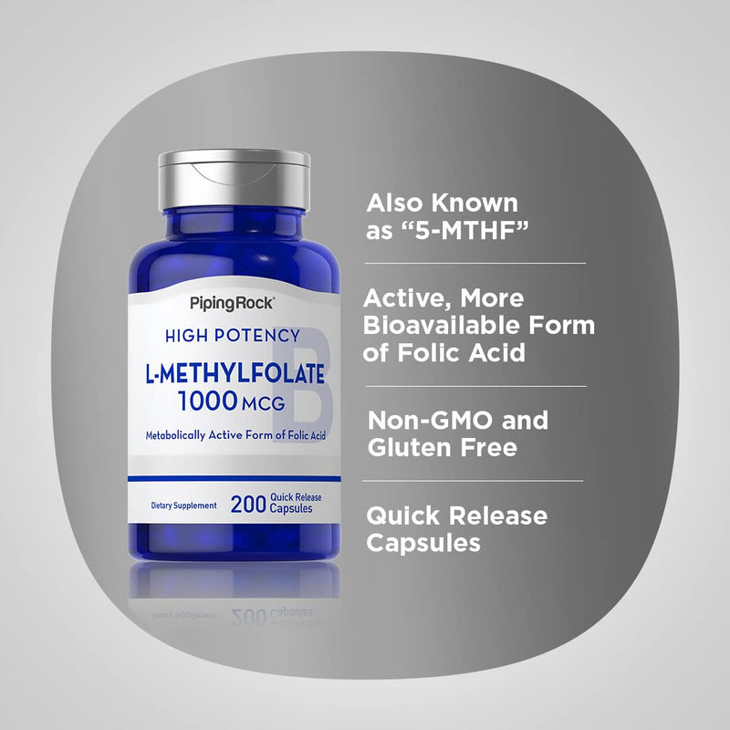 Piping Rock L Methylfolate Supplement | 1000 mcg | 200 Capsules | Active Form of Folic Acid | Non-GMO, Gluten Free