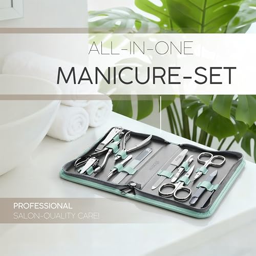 Manicure Set Women and Men – 12-Piece Professional Grooming Kit with Premium Tools, Genuine Leather Case, and exclusive Glass Nail File for Hand & Foot Care, German Quality
