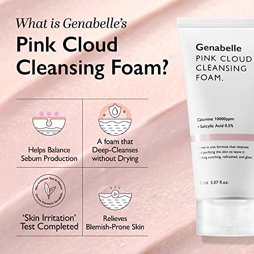 Genabelle Pink Cloud Cleansing Foam - Hydrating Gentle Face Cleanser with Salicylic Acid and Calamine Powder for Blemish Care, Deep Cleansing Face Wash for Normal to Oily Skin, 5.07 fl.oz