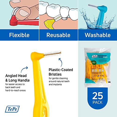 TePe Interdental Brush Angle, Angled Dental Brush for Teeth Cleaning, Pack of 25, 0.7 mm, Medium Gaps, Yellow, Size 4