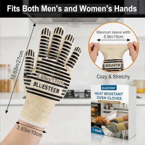 Heat Resistant Oven Gloves with Fingers, Heat Proof Gloves Oven Mitts Deep Black One Size Fits Most