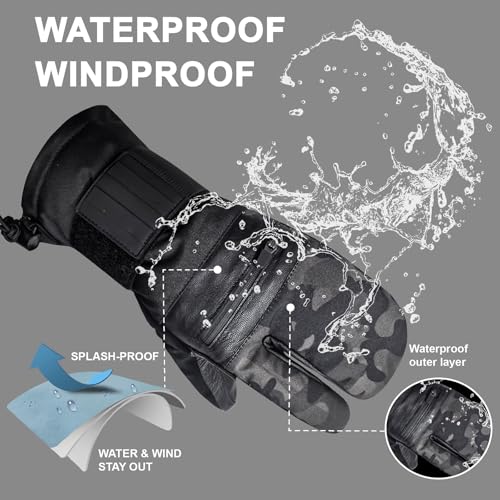 VXW Snowboard &Ski Mittens with Wrist Guard and Leather Palm, Waterproof & Windproof 3M Mittens for Snowboarding Skiing in Extreme Cold Weather X-Large Black