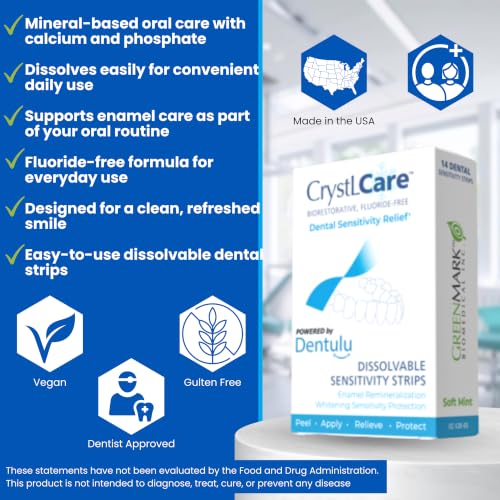 CrystLCare Biorestorative Fluoride-Free Dental Strips for Sensitive Teeth, Enamel Support, Remineralization Care, Dissolvable Tooth Strips, Long-Lasting Sensitivity Relief (14 Count)