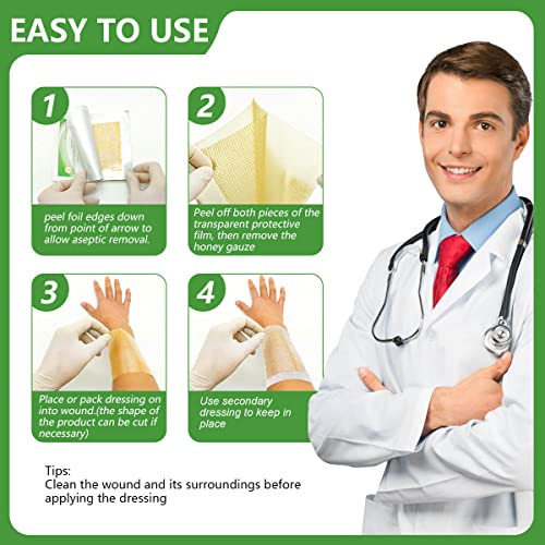 Kastormed Honey Gauze Dressing, Manuka Honey Wound Care, Medical Grade Honey Patches for Faster Wound Care, Burn Dressing, Sterile 4'' x 4'' (Pack of 10)