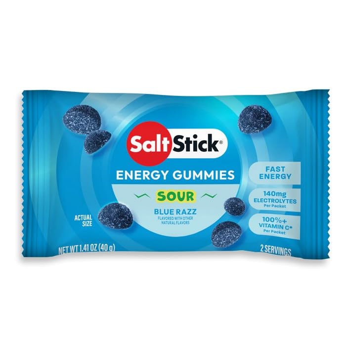 SaltStick Energy Gummies Blue Sour Raz - 10 Packets/20 Servings | Quick carbohydrates and electrolytes in delicious gummies to fuel your workout without sticky gels. Caffeine-free. Sour Blue Razz