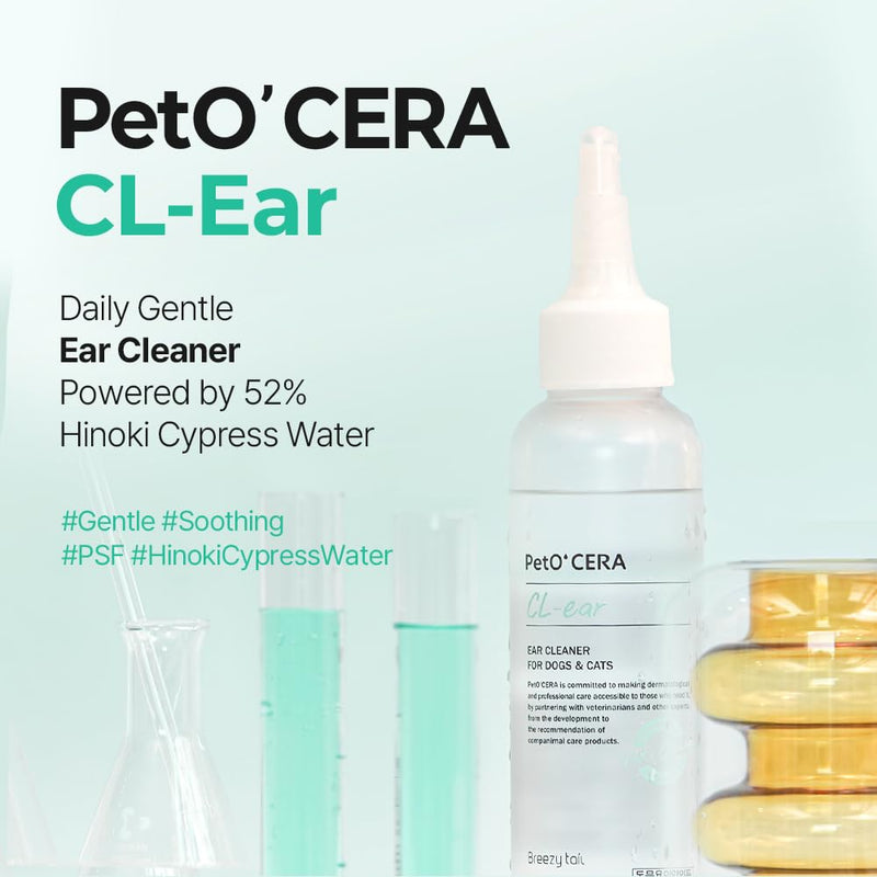 PetO’Cera CL’Ear Ear Cleaner for Dogs & Cats with 52% Hinoki Cypress Water, Cica & Heartleaf Extract, Soothes Itching, Removes Debris, Odor, Alcohol-Free, Fragrance-Free, Hypoallergenic, 4 fl oz