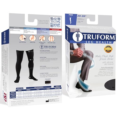 Truform Compression Socks, 20-30 mmHg, Men's Dress Socks, Thigh High Over Knee Length, Black, Large Large (1 Pair)