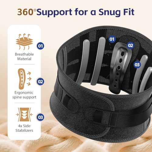 FEATOL Back Brace for Men Lower Back and Women, Removable Dual-Side Spine Lumbar Pad with Snug Fit, Adjustable Support Belt for Work, Gray, Size L 34.5-39" Large