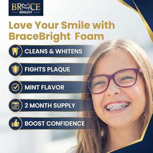 Teeth Whitening for Braces, Braces Cleaner Foam, Brace Teeth Whitening kit for Under Metal, Ceramic, Brackets & Wires. Use w/Toothbrush or Trays No Sensitivity. Minty, Teens, Adults, Refill 2 Pack Bracebright Refill 2 Pack