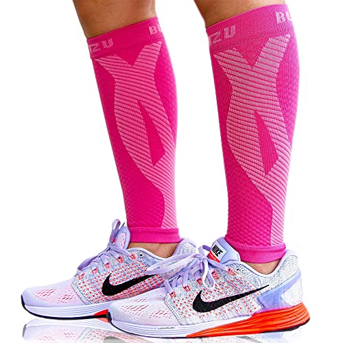 BLITZU 3 Pairs Calf Compression Sleeves for Women and Men Size S-M, One Black, Pink, Purple Calf Sleeve, Leg Compression Sleeve for Calf Pain and Shin Splints. Footless Compression Socks.