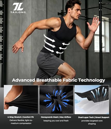 TAILONG Compression Shirt Men Shapewear - Instant Slimming Undershirt for Gynecomastia & Tummy Control Body Shaper Tank Top Large Black
