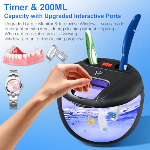 Ultrasonic Retainer Cleaner, 45kHz Retainer Cleaner Machine for Denture Cleaning Pod for Mouth Guards|Aligners|Braces|Toothbrush Heads|Jewelry, 200ML Dental Cleaning Pod with 4 Modes & Digital Timer Black Upgraded Version