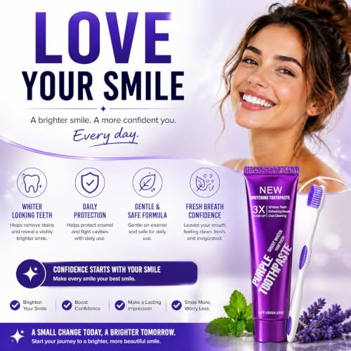Teeth Whitening Purple Toothpaste, 3X Whitening Formula for Bright Smile,Enamel Safe, Sensitive Teeth Friendly, Fluoride Toothpaste with Fresh Breath for Coffee Tea Stains. (Pack of 2pcs) 2.12 Fl Oz (Pack of 2)