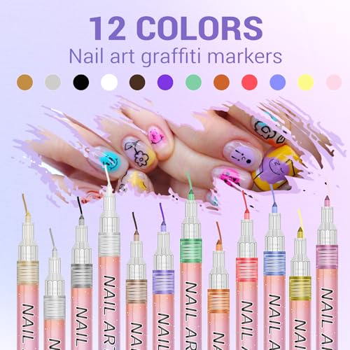 12 Color Nail Art Pens, 3D 0.7 MM Nail Polish Pens Set Drawing Painting Point Liner Acrylic Painted Pen Kit, Waterproof and Quick-drying Nail for DIY Nails Art Design Manicure Tools MulticolorG