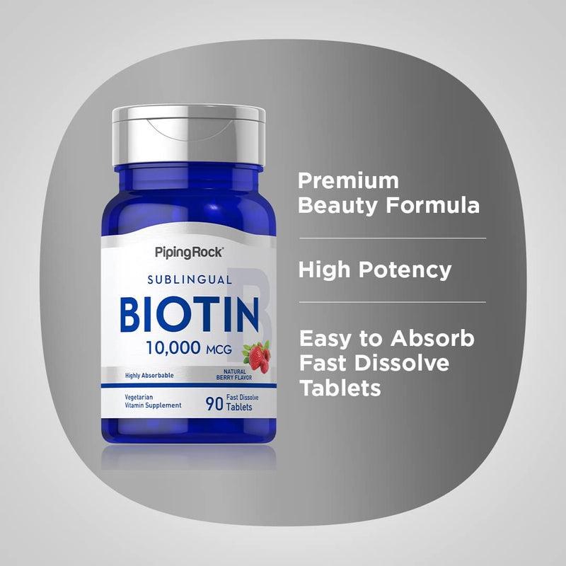 Piping Rock Biotin 10000mcg Fast Dissolve Tablets | 90 Count | Berry Flavor Sublingual Pills | Max Strength and High Absorption | Vegetarian, Non-GMO, Gluten Free Supplement 90 Count (Pack of 1)