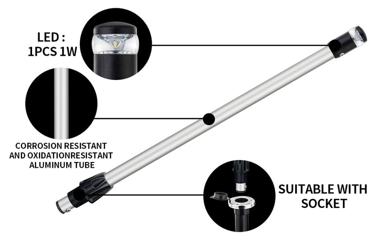 Marine LED Navigation Light, 360-Degree All Round Stern Anchor Light, Removable Pole with Base for Boats,Anti Oxidation Anode Aluminum Tube，(Plug In Base, 24 Inchs) EA02127-24MF(Plug In Base)