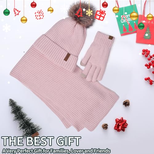 Winter Beanie Hat Scarf Gloves Set for Women, Classic Beanie with Removable Pom Pom Long Scarf Touchscreen Gloves 3 in 1 Set Pink