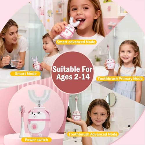 Kids Electric Toothbrush, U Shaped Auto Brush Design 2-7 Age Pink Pink 2-7