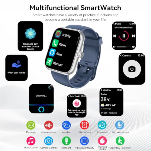 Smart Watch with Alexa Built-in, 1.83" HD Touchscreen Fitness Tracker, Bluetooth Notifications/Calls, IP68 Waterproof, 120+ Sport Modes, 24/7 Heart Rate & Sleep Monitor for iPhone Android iOS (Blue) Blue