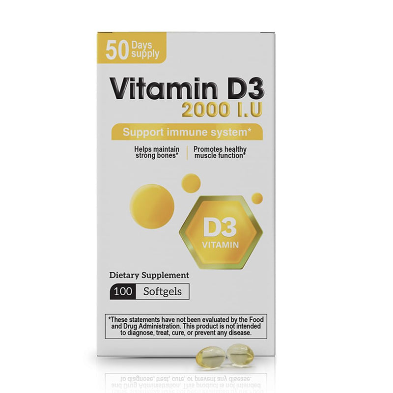 Vitamin D3 2000 IU Softgels Immune Bone Muscle Support 100 Count