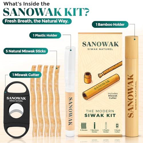 Premium Miswak Set – Natural Siwak Oral Care Kit with 5 Organic Sticks, 1 Bamboo & 1Plastic Holder, 1 Miswak Cutter – Eco-Friendly Herbal Toothbrush Alternative