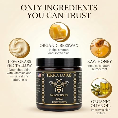 Terra Lotus - Organic Grass-Fed Beef Tallow Balm with Raw Honey - Moisturizing Cream - Handmade All-Natural Moisturizer (4 Oz, Unscented) 4 Fl Oz (Pack of 1)