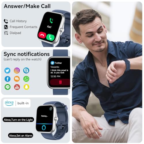 Smart Watch with Alexa Built-in, 1.83" HD Touchscreen Fitness Tracker, Bluetooth Notifications/Calls, IP68 Waterproof, 120+ Sport Modes, 24/7 Heart Rate & Sleep Monitor for iPhone Android iOS (Blue) Blue
