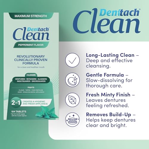 Denttach Clean Retainer Cleaner Tablets, Denture Cleaning Tablets, Maximum Strength Denture Cleaner for Ultra Fresh Dentures, Night Guard Cleanser, Eliminates Stains, Peppermint 104 Count Pack of 2