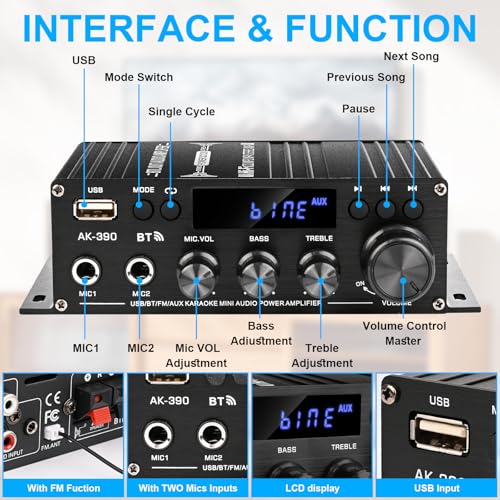 Stereo Amplifier Home Audio Receiver AK-390,AMP Speaker Bluetooth 5.0 Amplifier 400W+400W 2 Channels with 12V/3A Power Amplifier HiFi Amplifier FM Radio,(BT,USB, AUX, Mic)Input for Home Party Black-AK390
