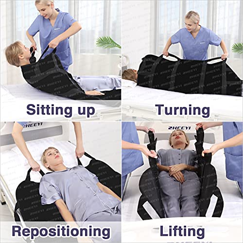 Bed Positioning Pad with Reinforced Handles 48" x 40" Lifting Turning Patient Sheet Transfer Blanket for Caregiver, Bedridden, Elderly, Black 2-black