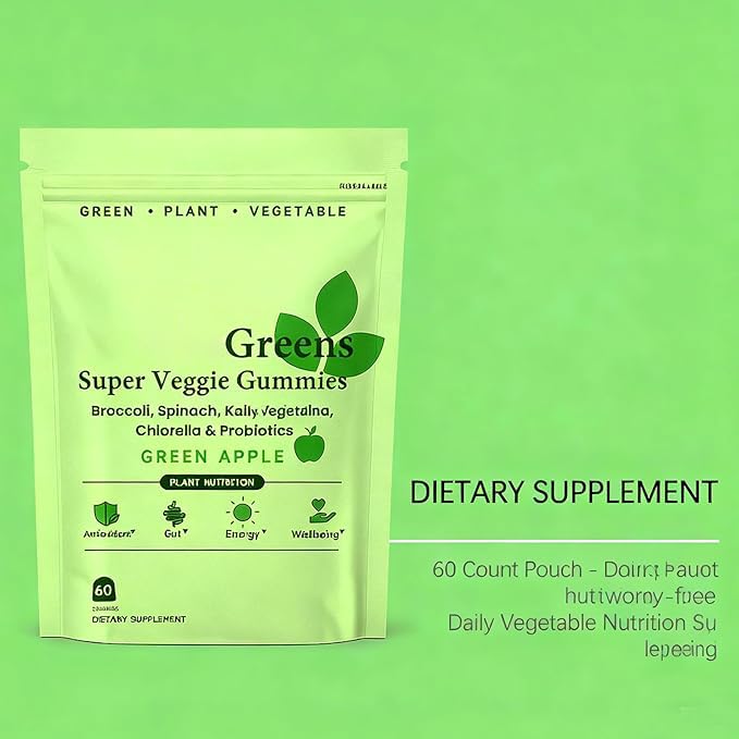 WonderGreens Super Greens Gummies with Probiotics & Multivitamins,Green Apple Veggie Gummies for Energy Gut & Immune Support Gummy 60 Count