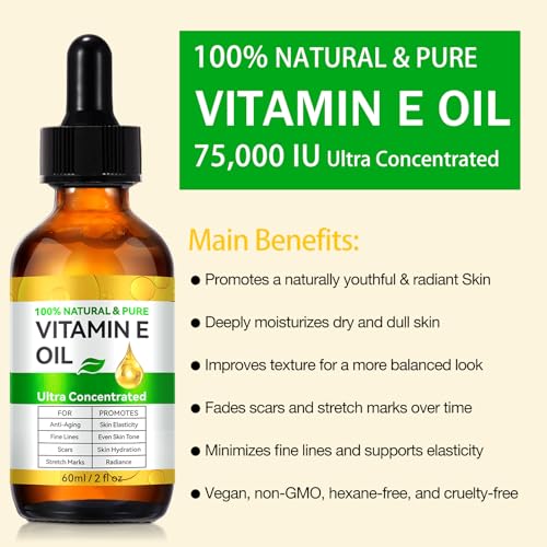 flasture Vitamin E Oil 75,000 IU – 100% Pure Natural Vitamin E for Skin, Face, Hair, Scars – Deep Moisturizing Body Oil for Dry Skin, Wrinkles – Cold-Pressed, Non-GMO,Skincare – 2 Fl Oz 2 Fl Oz (Pack of 1)