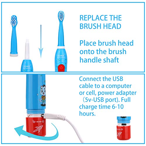 OJV 8630 Kids Sonic Electric Toothbrushes & 2 Pack Replacement Toothbrush Heads (Bule)