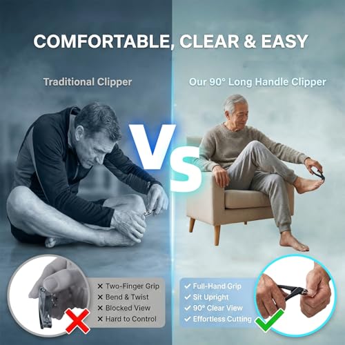 Ergonomic Curved Long Handle Nail Clippers - Pliers-Style Toenail Clippers, Easy Grip for Seniors and Thick Nails, Built-in Nail Catcher & Safety Switch (Silver) Silver