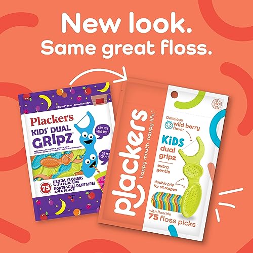 Plackers Kids Dual Gripz Floss Picks with Double Grip Handle, Wild Berry Flavor & Twin-Line Dental Flossers, Cool Mint Flavor, Dual Action Flossing System, Easy Storage