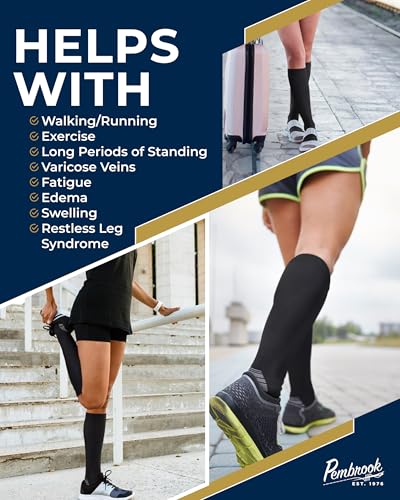 Pembrook 3 Pairs Compression Socks 20-30 mmHg - Compression Socks for Women and Men | Running, Athletic, Travel, Nurses Large Black - 3 Pairs