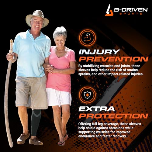 B-Driven Sports Full Leg Compression Sleeves, Graduated Compression 20-30mmHg, Thigh to Ankle, Medical Grade, Calf, Knee, Varicose Veins, Running, Sports, Men & Women - 1 Pair Medium