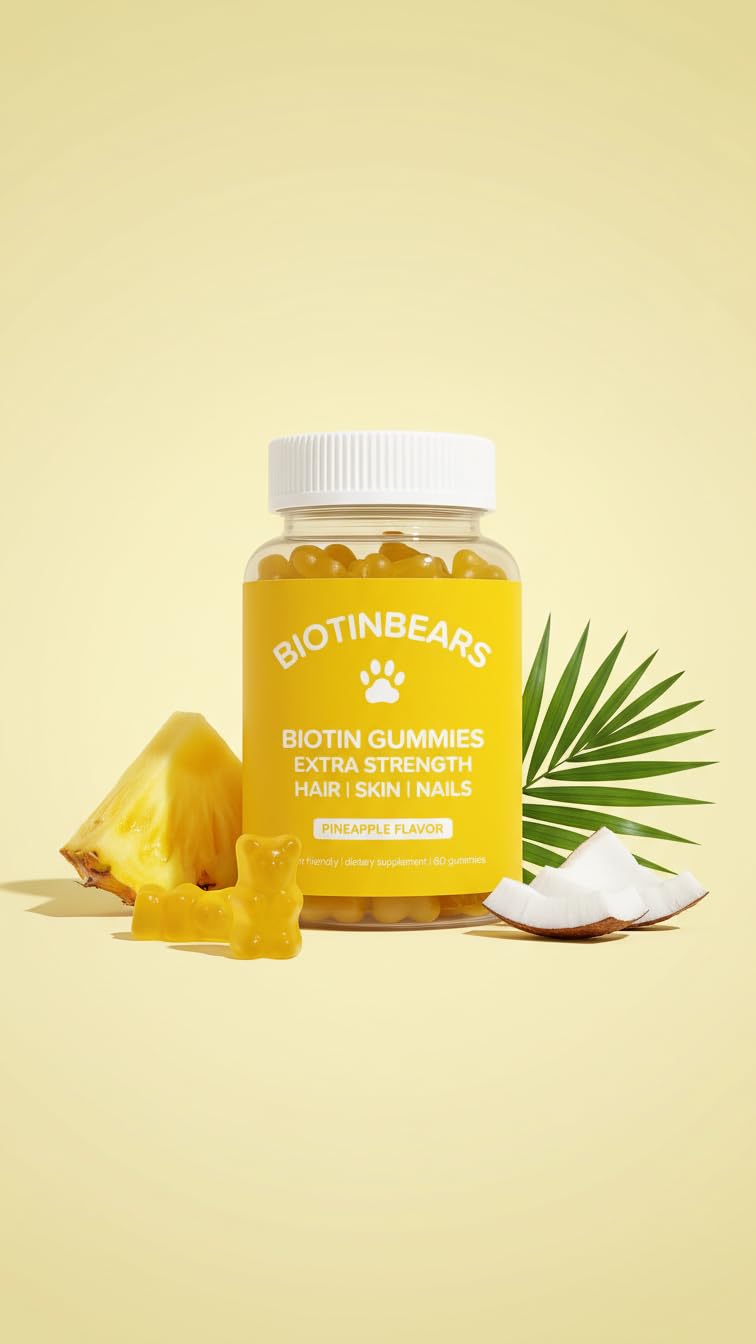 Curvy Body Bears BiotinBears Extra Strength Biotin Gummies | Hair Skin & Nails Support | with Vitamins C, E, B6 & B12 | Pineapple Flavor | 60 Vegan Gummies