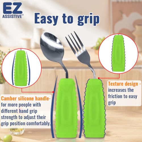 EZ Assistive Adaptive Weighted Utensils Set – Spoon and Fork for Hand Tremors, Parkinson’s, Elderly, and Arthritis – Adaptive Eating Utensils for Weak Grip and Limited Mobility Right Hand - 1 Set Green Spoon and Fork
