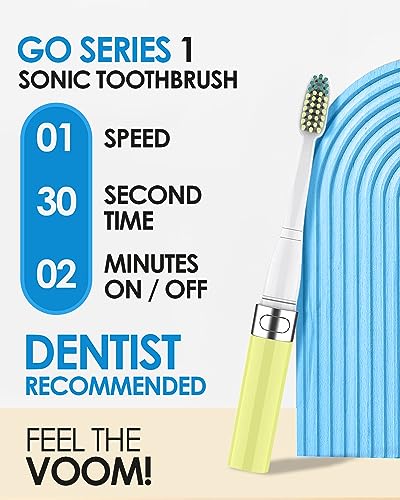 Voom Sonic Go 1 Series Travel Electric Toothbrush + 4PK Brush Heads, Travel Toothbrushes - Battery Operated Toothbrush for Adults & Kids, Portable with 2 Minute Timer (Yellow)