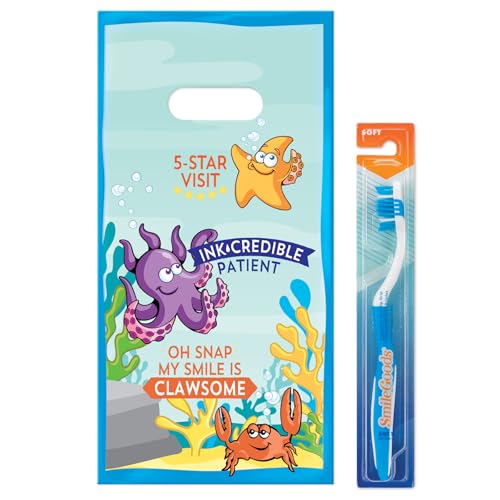 Practicon FlosSeas 6" x 12" Dental Giveaway Bag, Dental Hygiene Patient Care Goodie Bag, Dentist Office Plastic Gift Bags, 100 Pack 6" x 12"